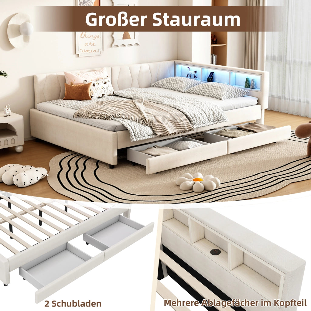 Letto a Divanetto 140x200 cm; USB e Type-C; Luce LED; con Cassetti; in Lino; Beige