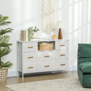 Comò con 8 cassetti e stazione di ricarica in tessuto bouclé, per ingresso e soggiorno, crema bianco 110 × 30 × 76 cm