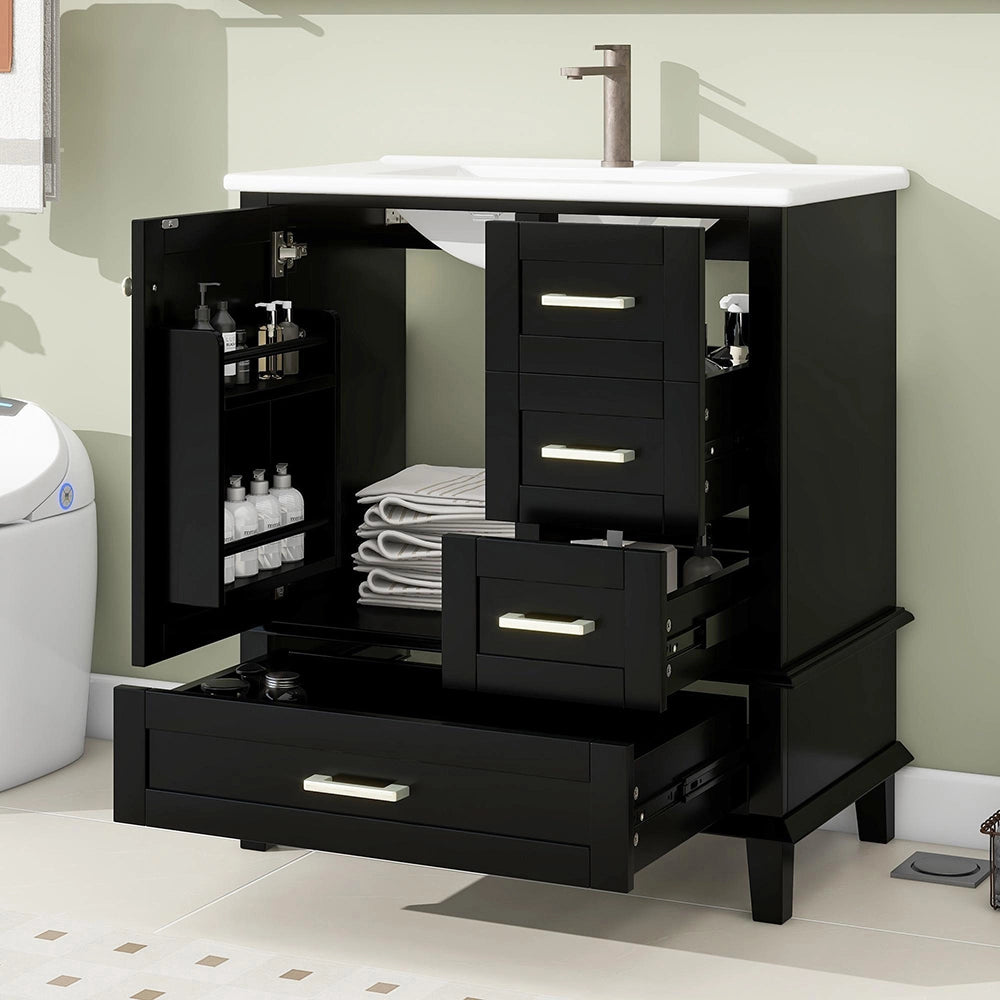 Armadio bagno elegante - Xylo - 73x45,5x83,5 cm - Nero - Laccato, lavabo ceramica, ripiani regolabili