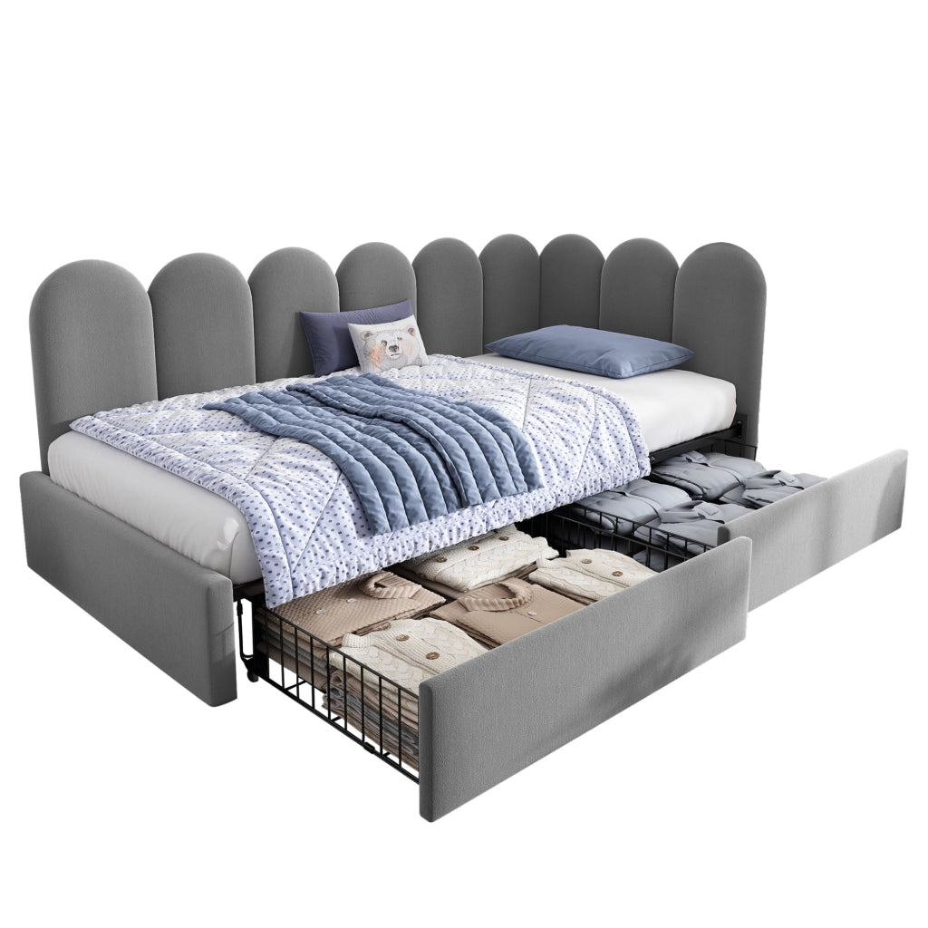 Letto singolo 90x200 cm in velluto grigio con 2 cassetti e struttura reversibile
