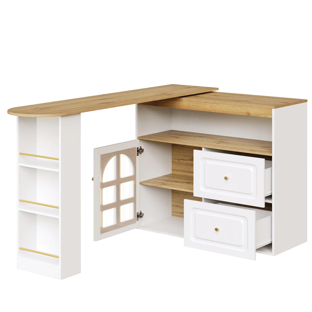Mobile Bar Girevole con 2 Cassetti; Ripiani e Anta in Vetro Curvo; in MDF; Bianco; 138-204 x 39 x 104 cm