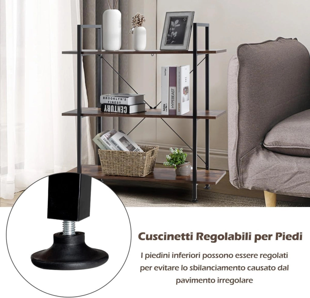 Libreria Stile Industriale, Scaffale con 3 Ripiani per Piante e Fiori, Scaffale Libreria con Struttura in Metallo, Mobile Multiuso da Soggiorno Camera da Letto Cucina Ufficio