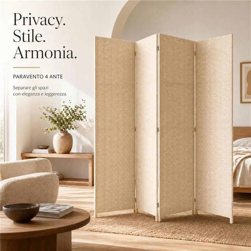 SEPARE' CON QUATTRO PANNELLI IN PLASTICA BEIGE CON STRUTTURA IN LEGNO MISURE: 180X180 CM