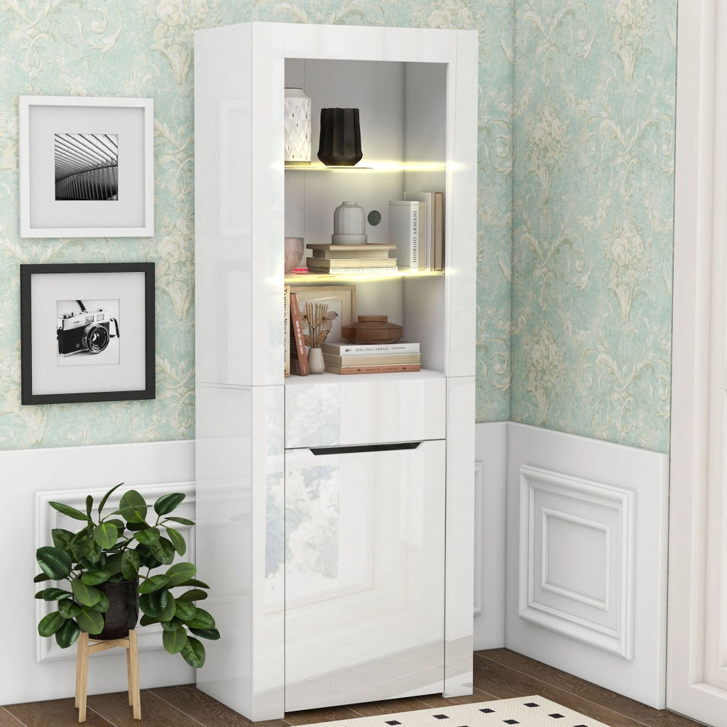 OKWISH Vetrina con 1 Cassetto e 2 Ripiani, LED con App, per Soggiorno o Ufficio, 60 x 35.5 x 165 cm, Bianca