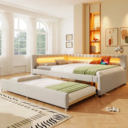 Daybed in lino beige 140x200 con LED telecomandato e letto estraibile USB/Type-C