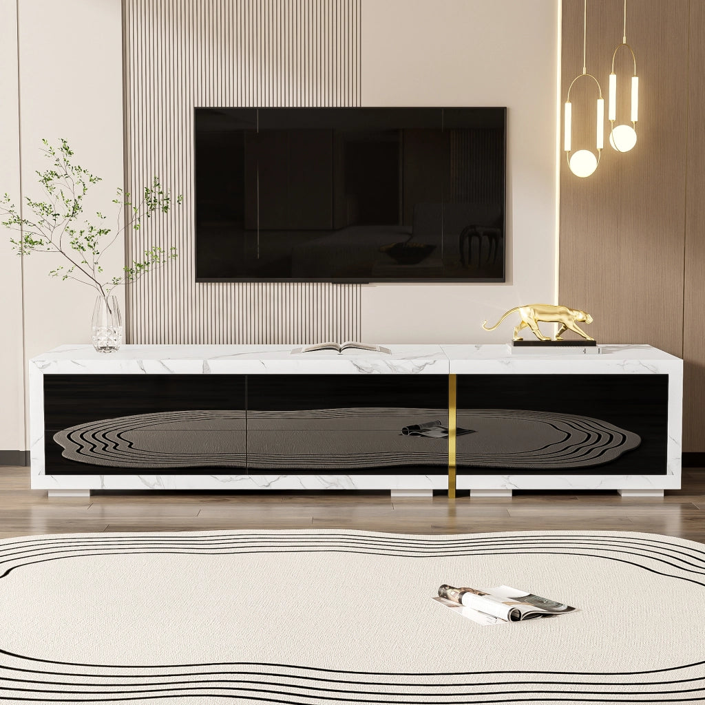 Mobile TV allungabile 140?C260 cm girevole; con 2 Vani; Stile Moderno; Nero Lucido Opaco; Effetto Marmo Bianco; MDF