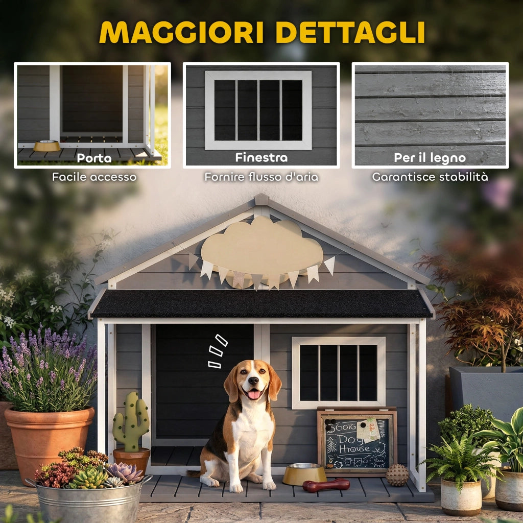Cuccia per Cani da Esterno con Terrazza, Finestra e Tetto Impermeabile, 124x112x105cm, Grigio