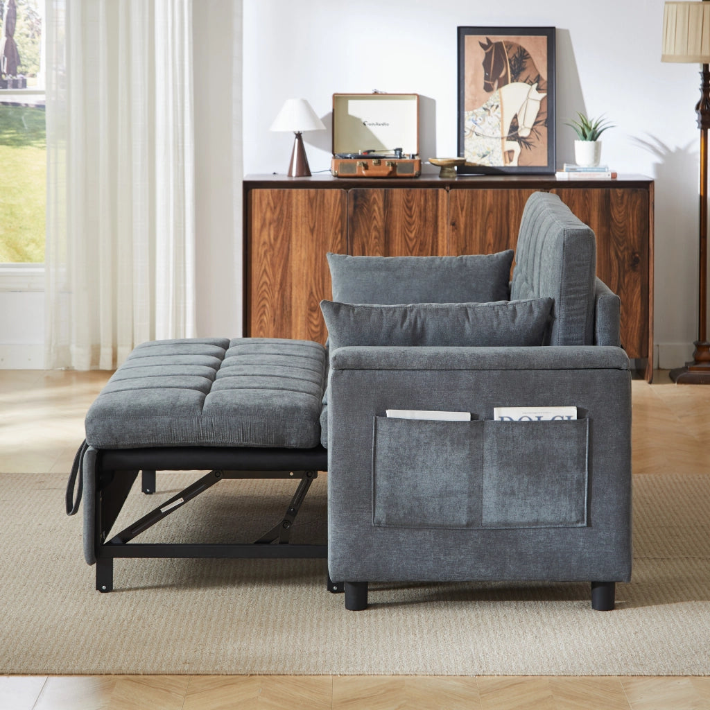 Divano letto 2 posti 3 in 1 con contenitore nei braccioli e tasche laterali, struttura in metallo, in ciniglia grigio