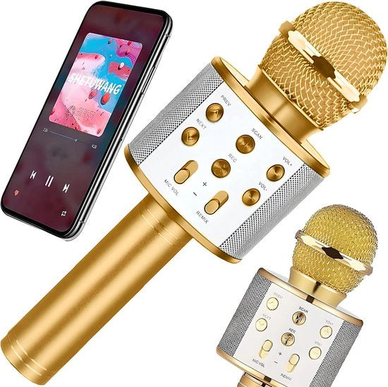 Microfono Karaoke - Microfono Senza Fili - Inclusa Cavo Audio & 4 Effetti Sonori - Oro - Compatibile con Smartphone di Nuova Generazione