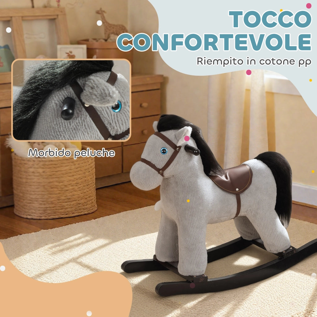 Cavallo a Dondolo con Suoni per Bambini da 2-5 Anni Coniglietto Incluso in Legno e Peluche Grigio