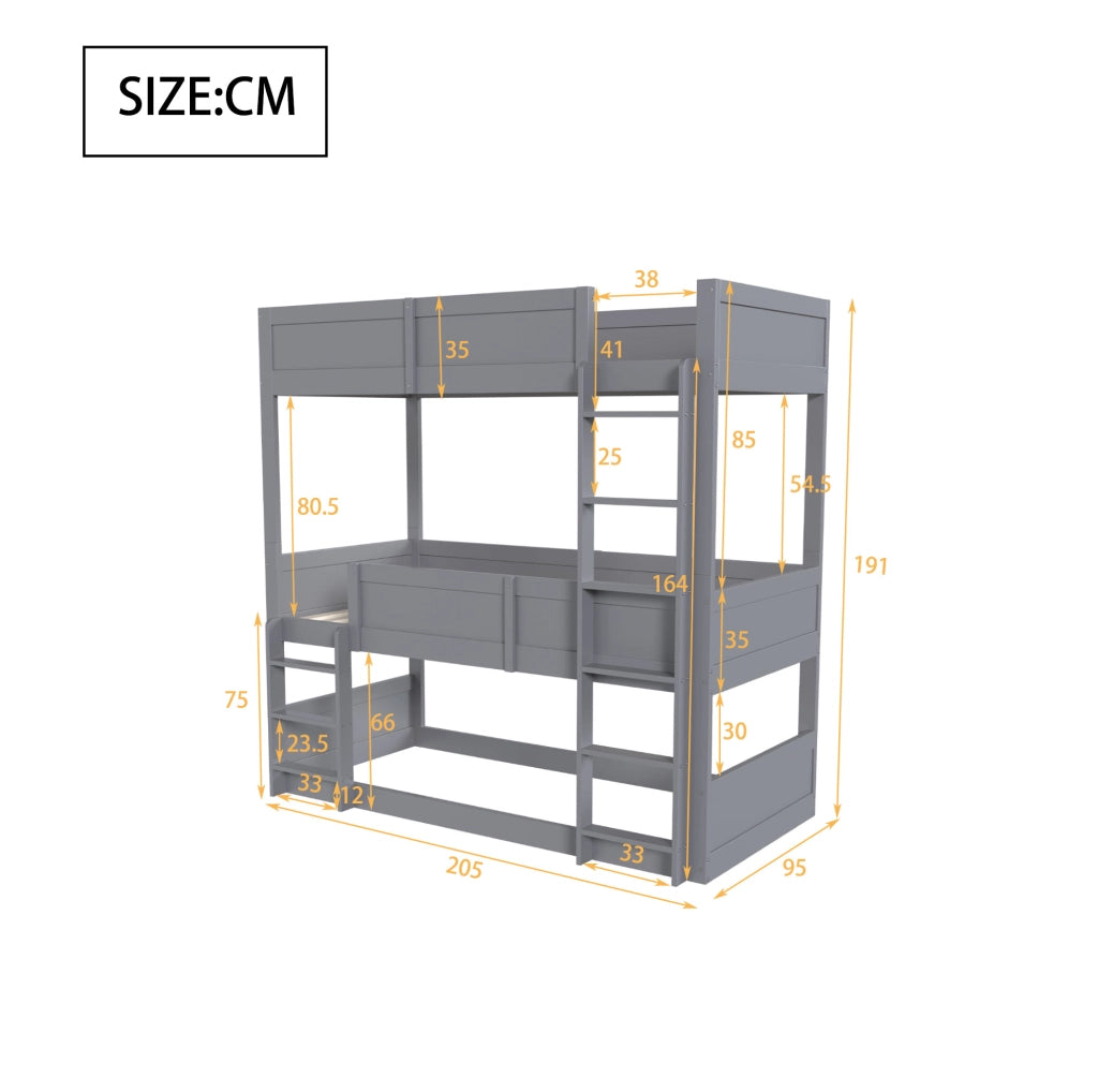 Letto modulare triplo 90x200 cm in legno grigio
