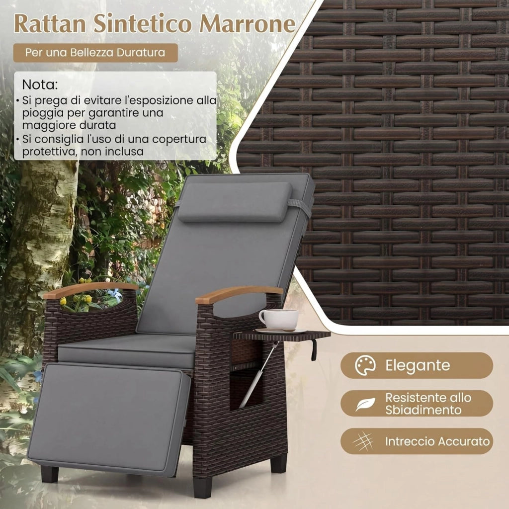 Poltrona Reclinabile da Giardino, Sedia Relax Esterno in Rattan con Schienale Regolabile a 150°, Poggiapiedi e Tavolino Pieghevole, Portata 180 kg, per Patio, Cortile e Terrazzo (Grigio,1)