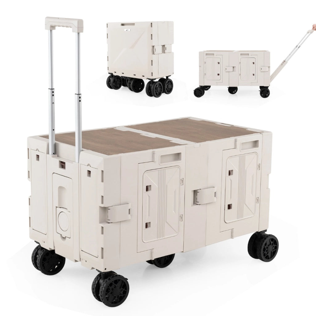 Carrello utilitario pieghevole grande con armadio a 2 livelli 5 ruote rotanti-Carrello a rulli portatile per spesa manico telescopico Bianco