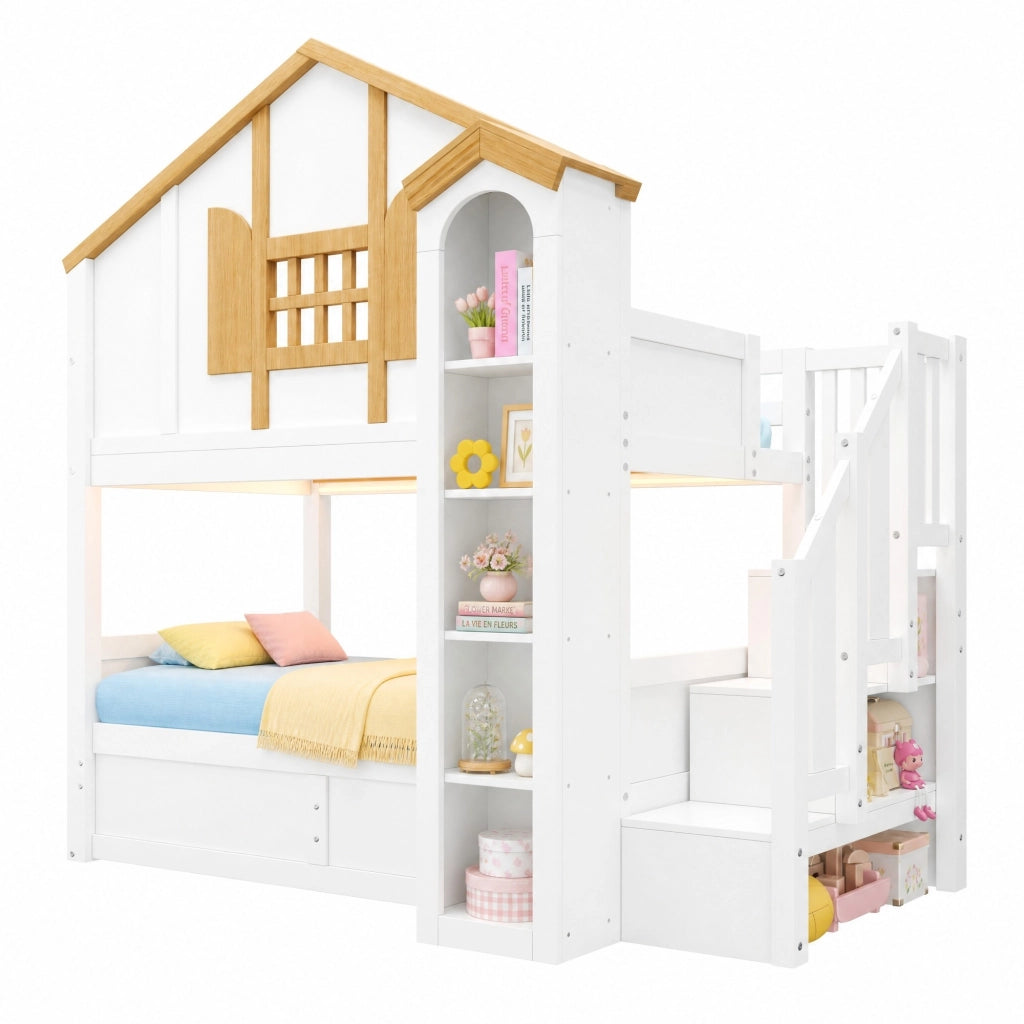Letto a castello 90x200 cm + 90x200 cm con contenitore; LED e scala in legno bianco