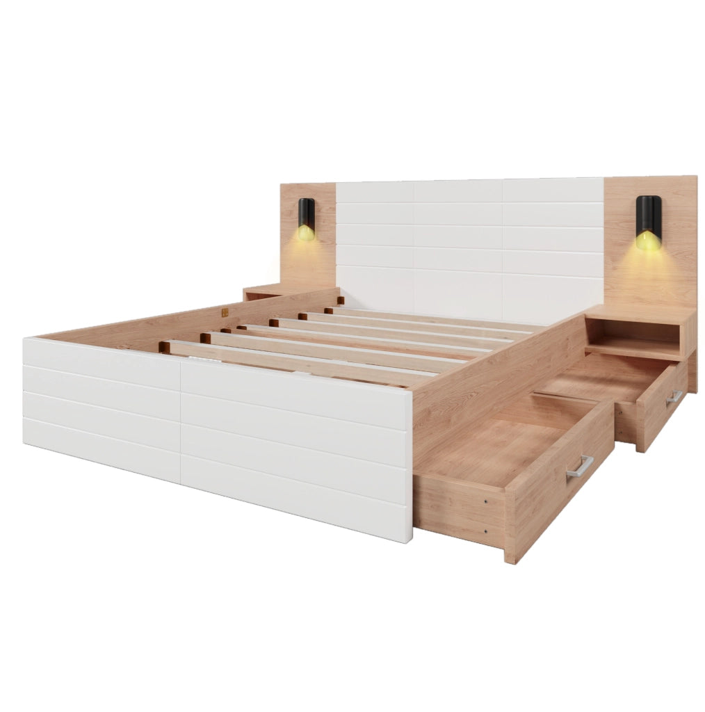Letto matrimoniale 160x200 cm con 2 comodini; 2 cassetti; luce 360° e USB; massello/MDF; bianco e rovere chiaro