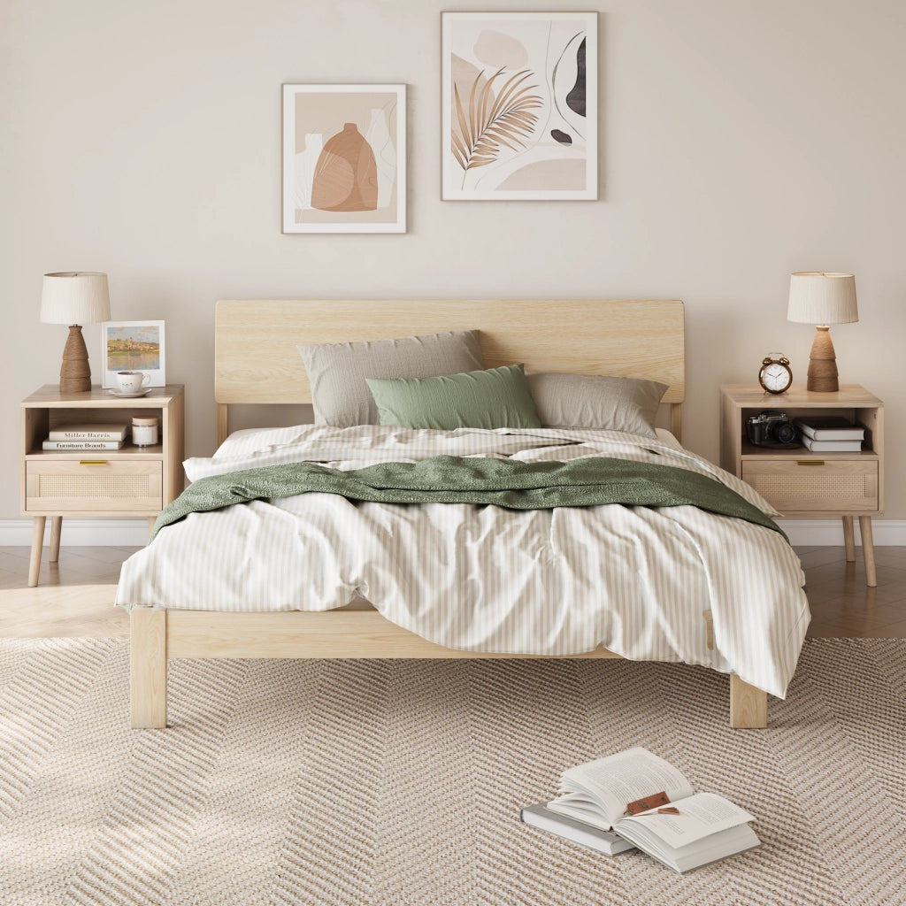 Comodino in rattan boho con cassetto e vano aperto 45x40x55 cm rovere