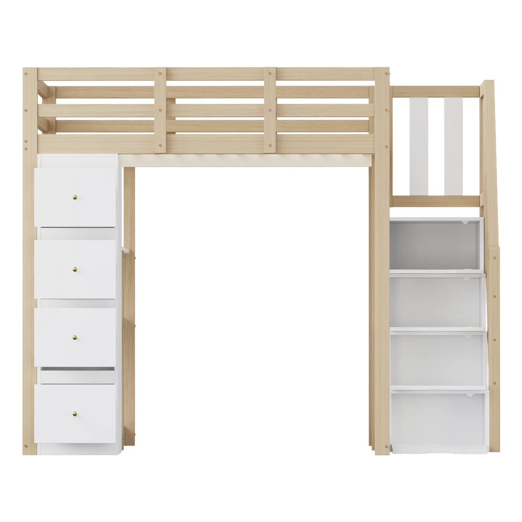 OKWISH Letto a Soppalco 140×200 cm, Letto Matrimoniale con 4 Cassetti, Scala con Cassetti e Mensole, senza Materasso, Naturale e Bianco