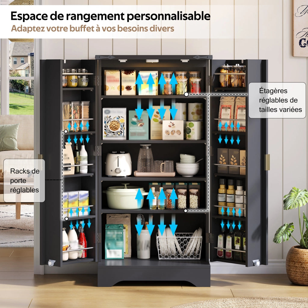 Dispensa alta con LED e ripiani regolabili con 2 ante e vani per cucina e soggiorno in MDF nero 120 × 60,5 × 40 cm