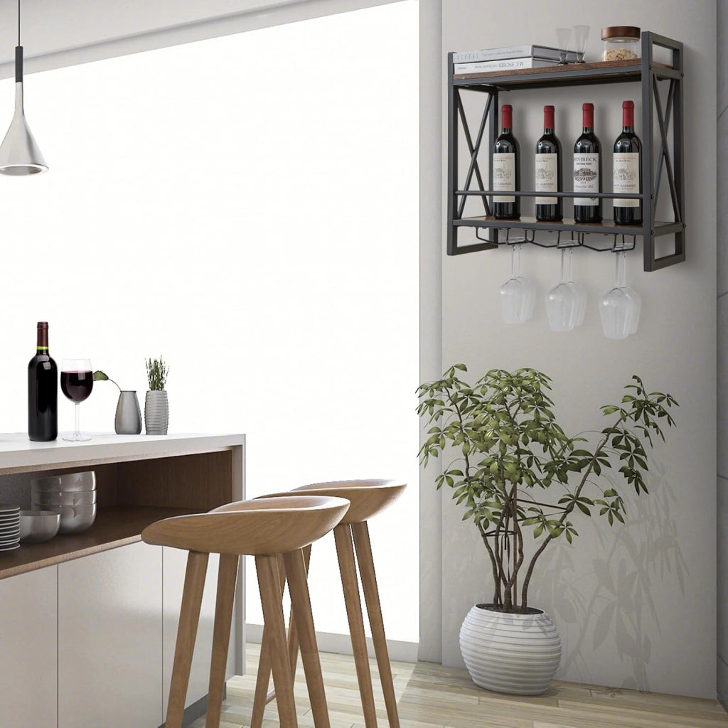 Scaffale per vino da parete, scaffale per bottiglie in legno con telaio metallico, scaffale decorativo da parete con portabicchieri per bicchieri, portabottiglie per bar, cucina, soggiorno