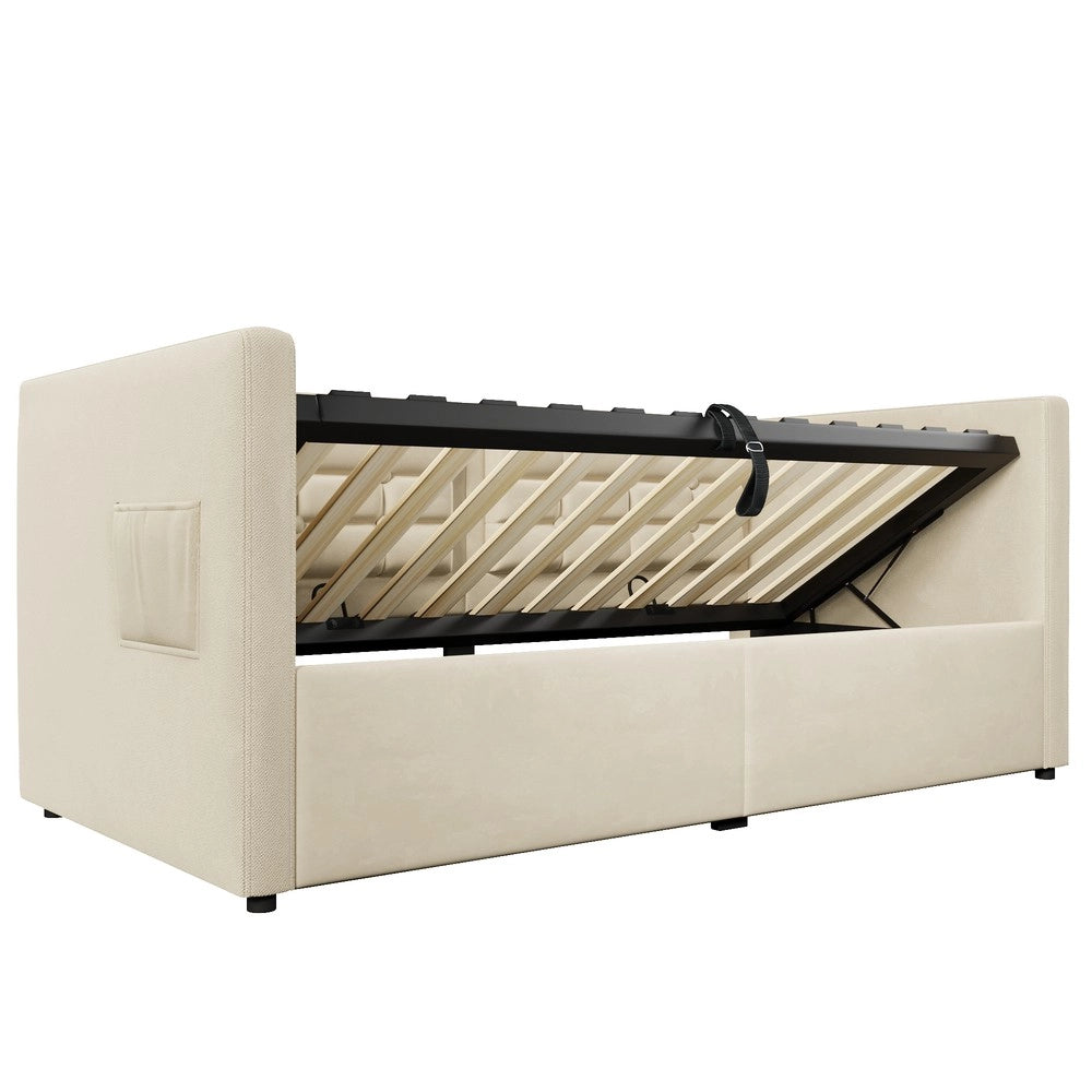 Letto Singolo Imbottito Contenitore ¨C MINIMAL ¨C Velluto Beige 90x200, Idraulico, USB