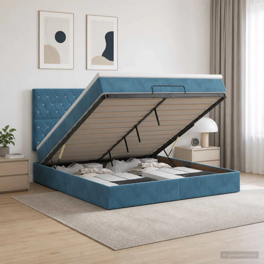 Letto Ottomano con Materasso e LED Blu scuro 160 x 200 cm 3458245