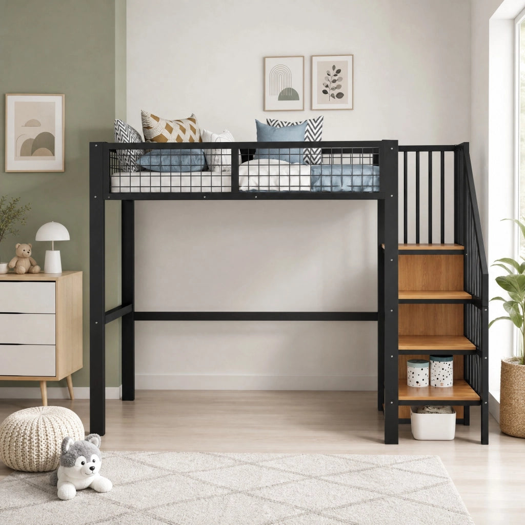Letto a soppalco 90x200 cm in metallo con scala di sicurezza e armadio integrato, nero