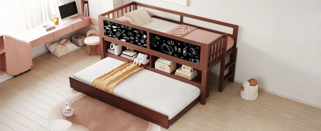 DESMIU Letto Bambino 1 Posto con Letto Estraibile, Lavagna, Scaffali e Scaletta 90 × 200 cm, Senza Materasso