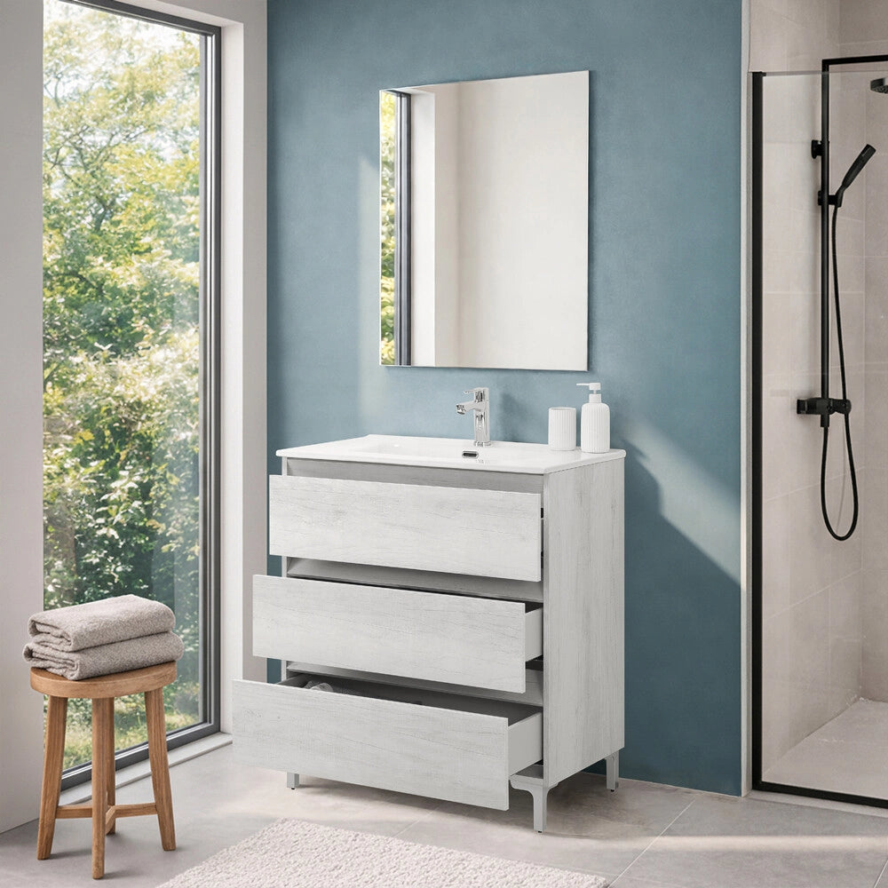 Mobile bagno a terra 100 cm in quercia bianca con lavabo Leda