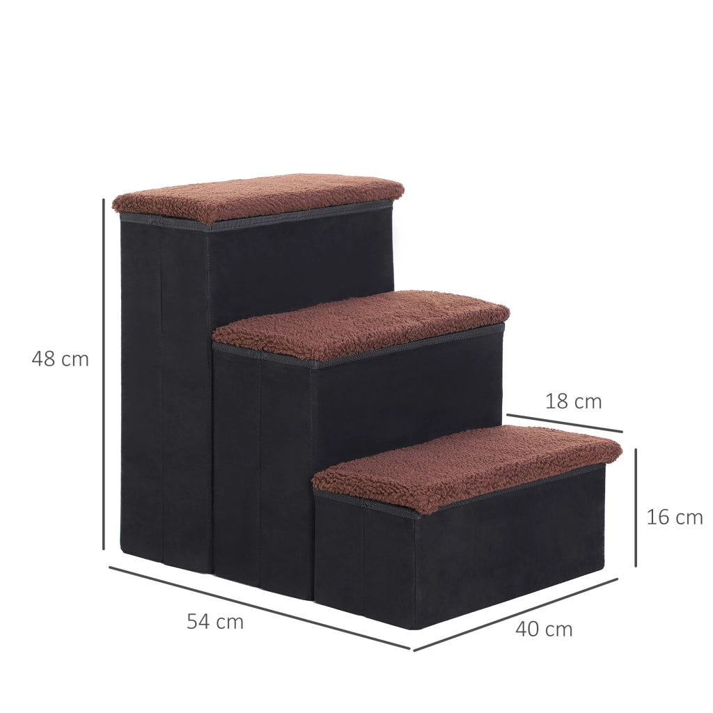Scaffale pieghevole a 3 gradini con vano contenitore per animali in legno nero 40 × 54 × 48 cm