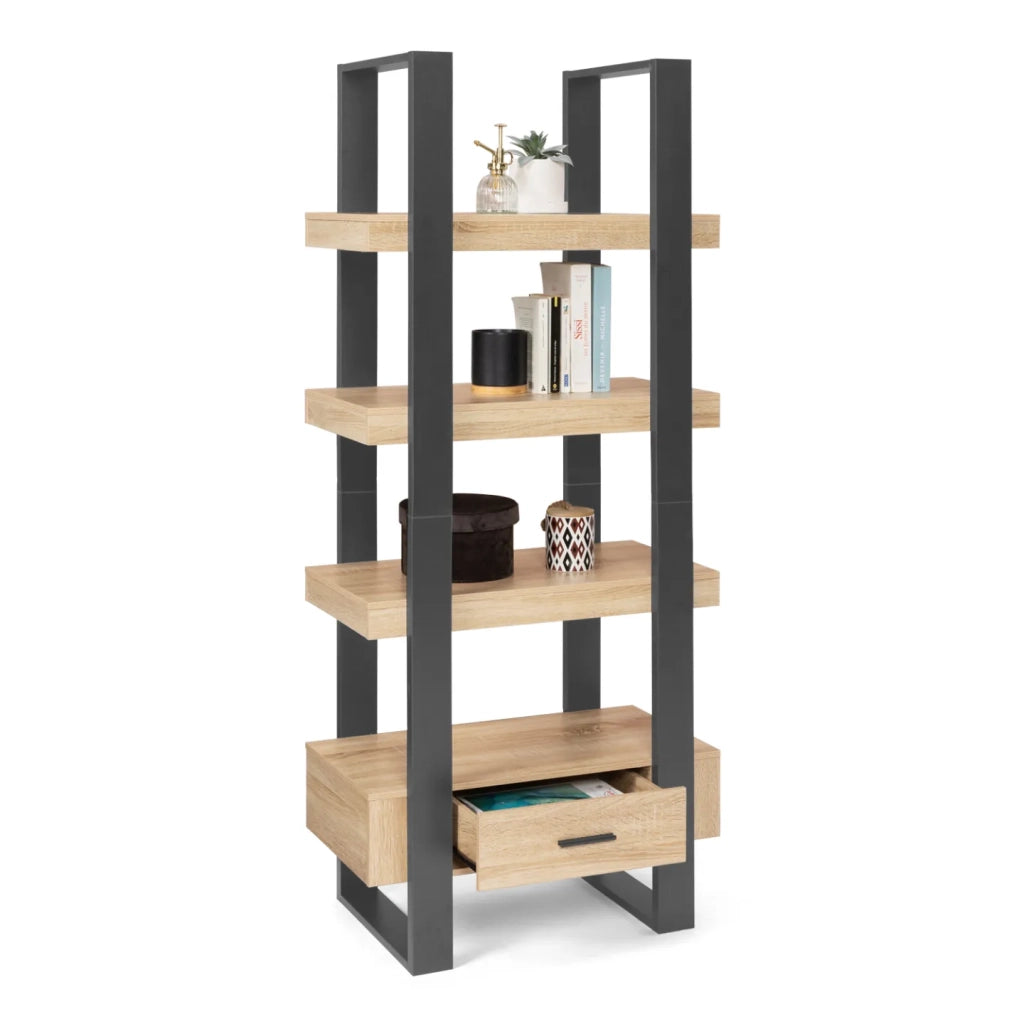 IDMarket - PHOENIX scaffale a 4 livelli in legno e nero con cassetto