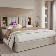 Letto Contenitore Matrimoniale Imbottito con Ricarica USB-C ¨C MINIMAL ¨C 140x200, Rete a Doghe in Legno