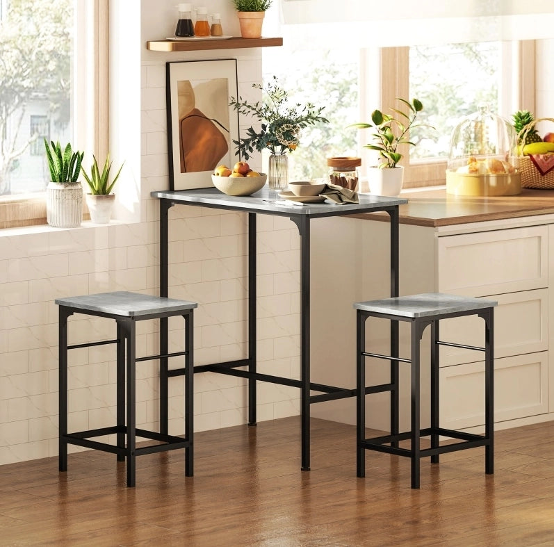 Set tavolo bar con 2 sgabelli grigio e acciaio