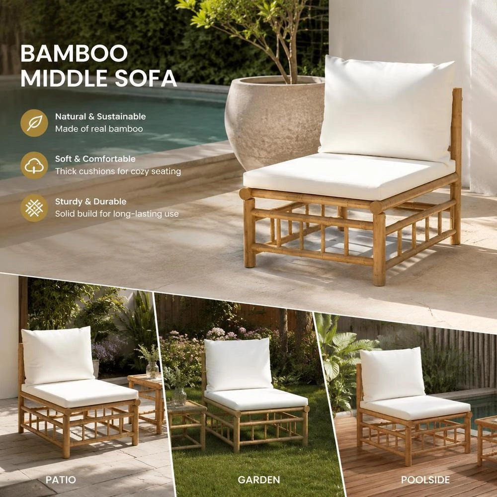 Garden Center Sofa With Cream-white Cushions, Bamboo