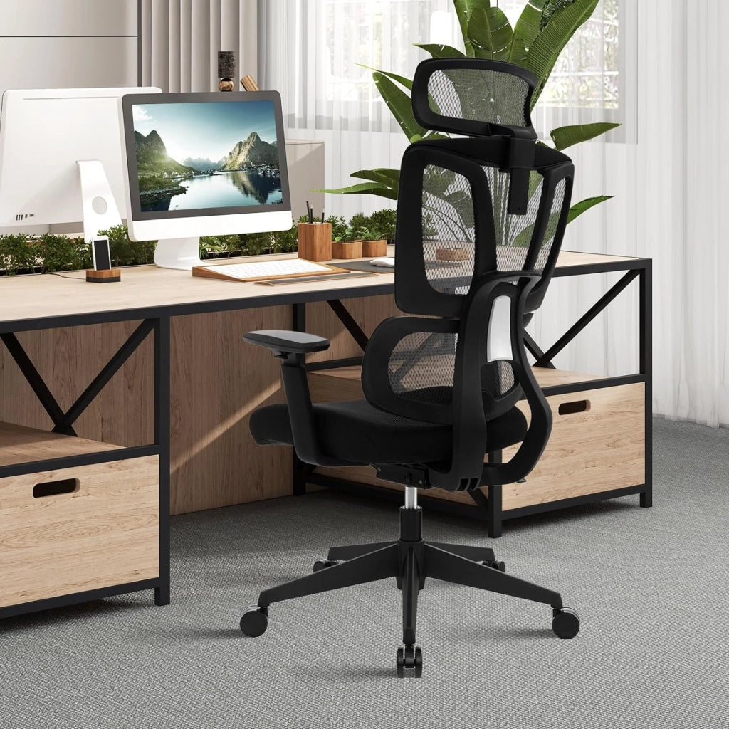 Sedia da ufficio ergonomica con rete traspirante sedia da ufficio regolabile con supporto lombare con poggiatesta e braccioli, girevole con seduta imbottita, nera