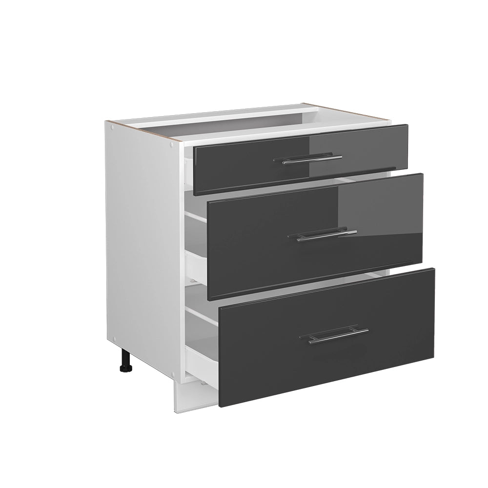 Mobiletto base per cucina Fame-Line Antracite lucido/Bianco 80 cm con 3 cassetti, senza piano di lavoro Vicco