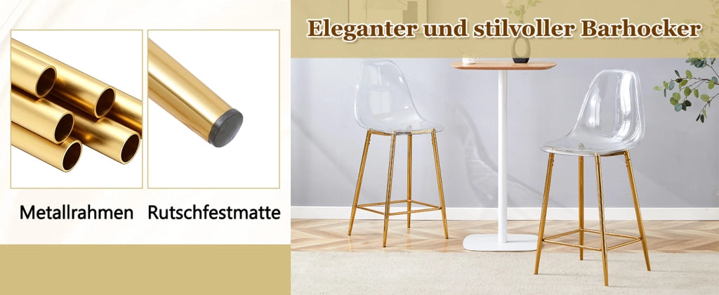 Sgabello da bar trasparente con struttura in metallo e poggiapiedi, design moderno in plastica oro 68.5 × 48.0 × 47.0 cm