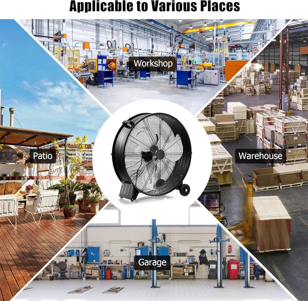Ventilatori da Pavimento, 3 Velocità di Vento Regolabili, Ventilatore Industriale in Metallo, 2 Ruote in Gomma, per Magazzino, Officina, Cantina, Ufficio, Ø60 CM (Nero)