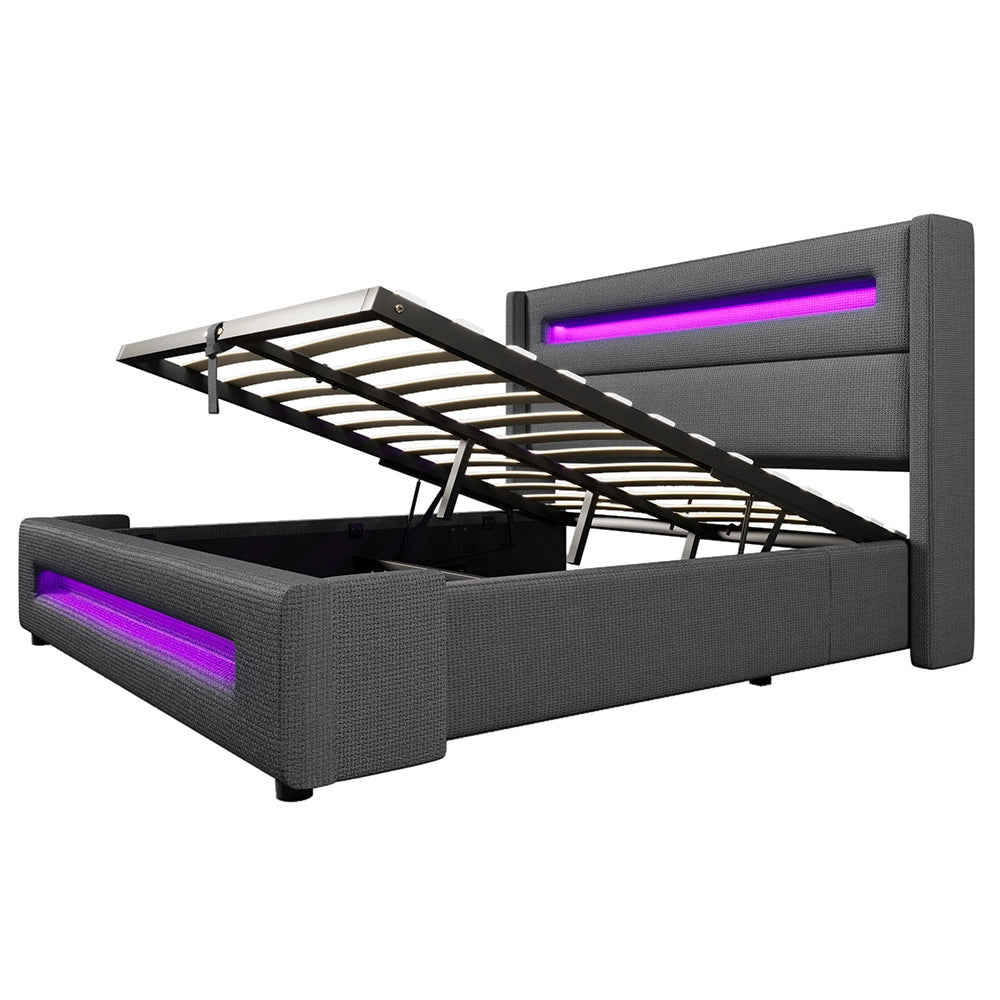 Letto matrimoniale-Xylo-160x200 cm-LED, USB-C, idraulico, con materasso, lino, grigio