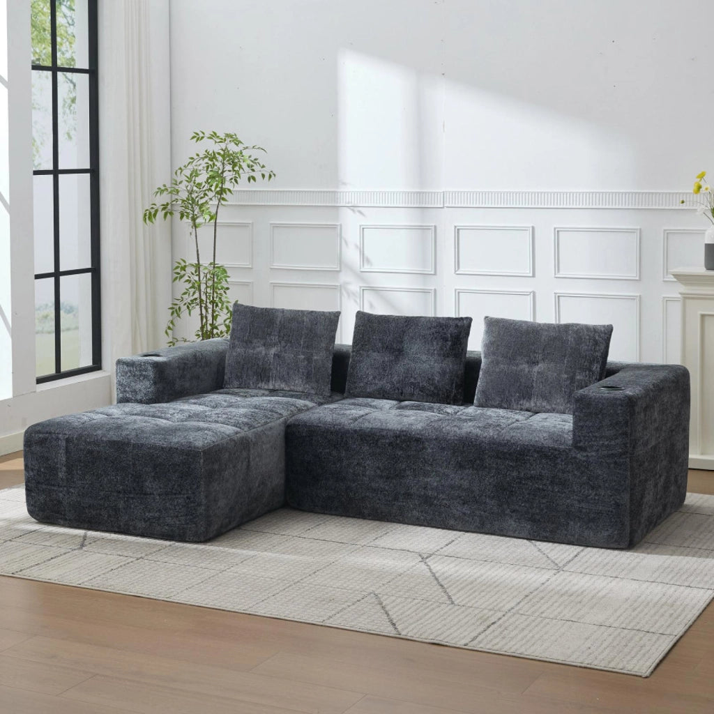 Divano a L, 258 cm, con portabicchieri, tre cuscini, per piccoli appartamenti, grigio
