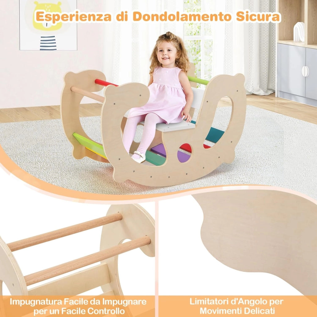 2 in 1 Arco da Arrampicata per Bambini, Arrampicata ad Arco con Dondolo Schienale e Sedile, Cavallo a Dondolo in Legno per Bambini 1 Anni +