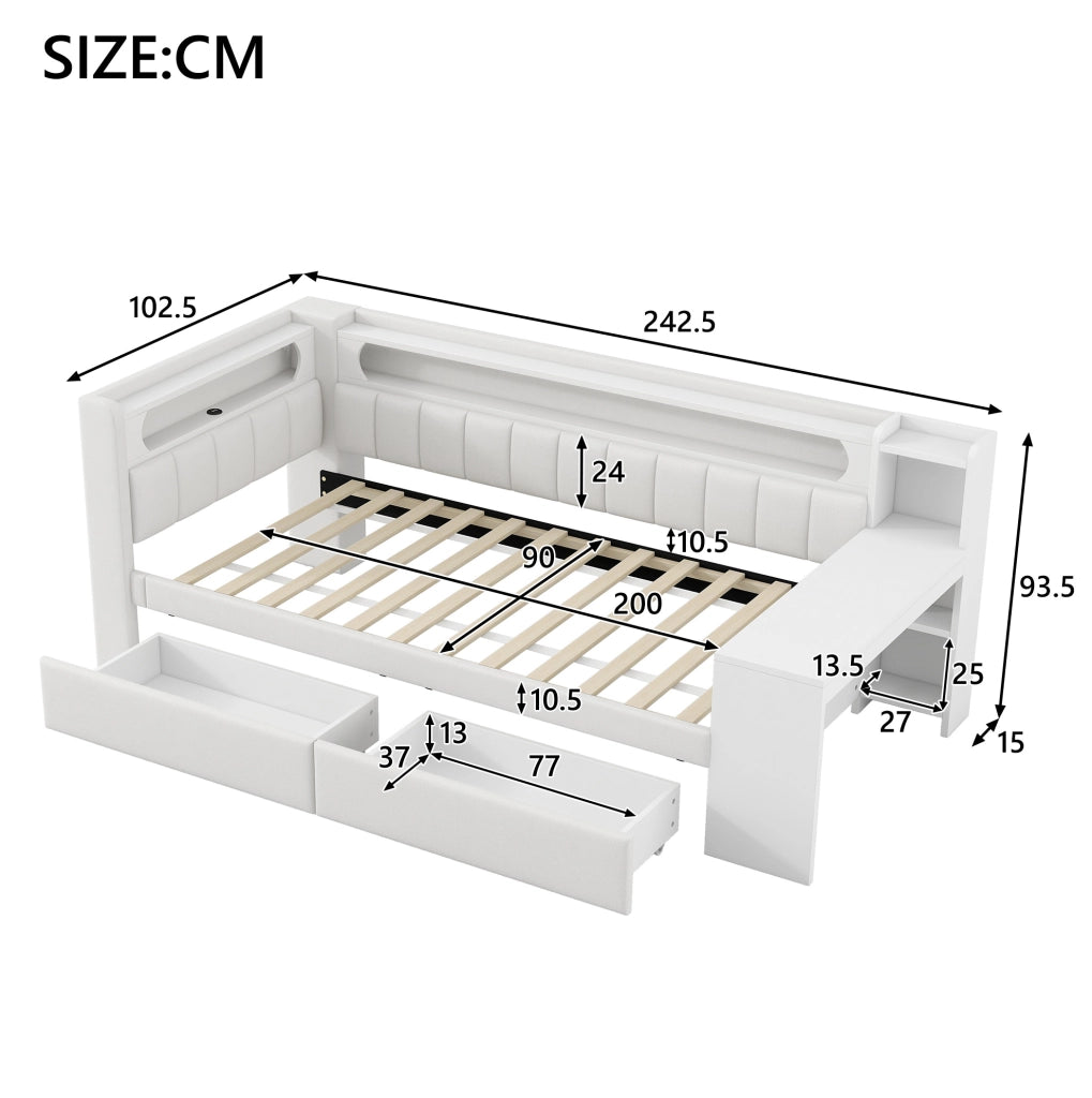 Letto daybed 90x200 cm con USB; LED; scrivania e 2 cassetti in MDF; multistrato e imbottito bianco