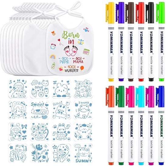 Set di 8 Pannelli per Bambini da Dipingere, Pannelli da Dipingere per Bambini, Set di Pannelli per Bambino con 16 x Stencil per Pittura e 12 x Pennelli per Tessuto, Decorazione per Festa di Benvenuto per Bambino Maschio e Femmina