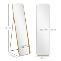 Specchio da Terra 40x160cm Rettangolare a Figura Intera con Cavalletto Autoportante, Oro
