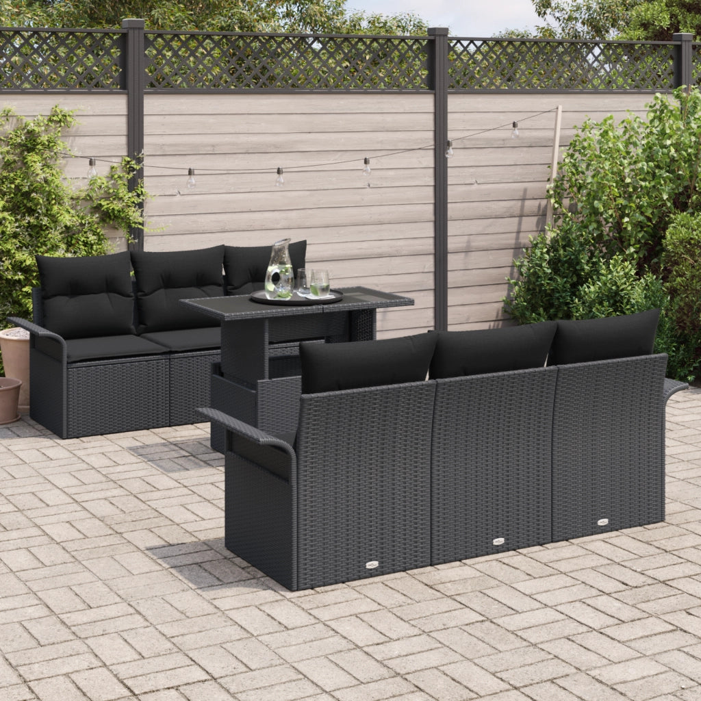 Set Divani Giardino 7 Pezzi Cuscini Nero Rattan Polietilene