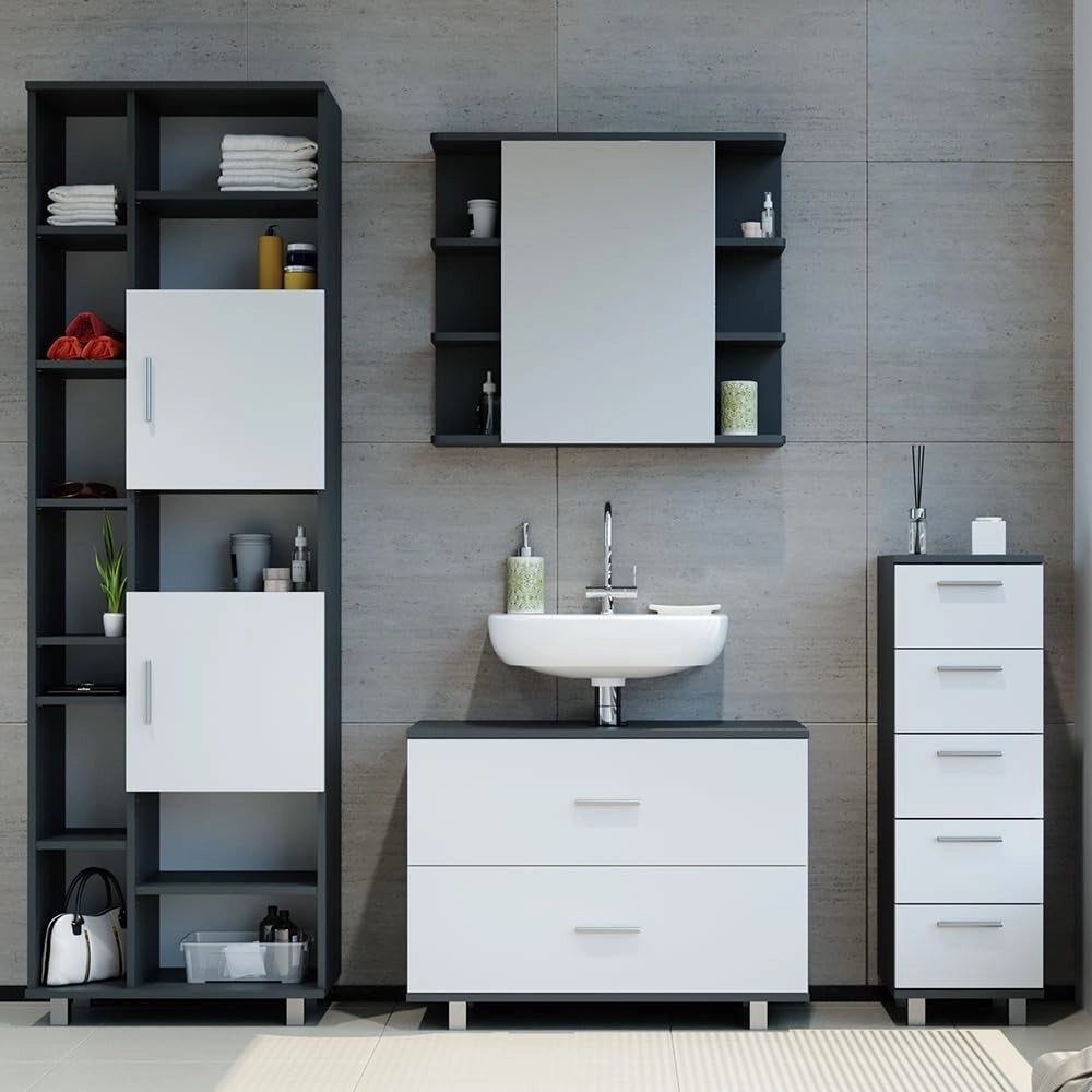 Set mobili bagno Ilias, Bianco/antracite, 80.2 cm, composto da mobile lavabo, pensile a specchio, colonna e base media