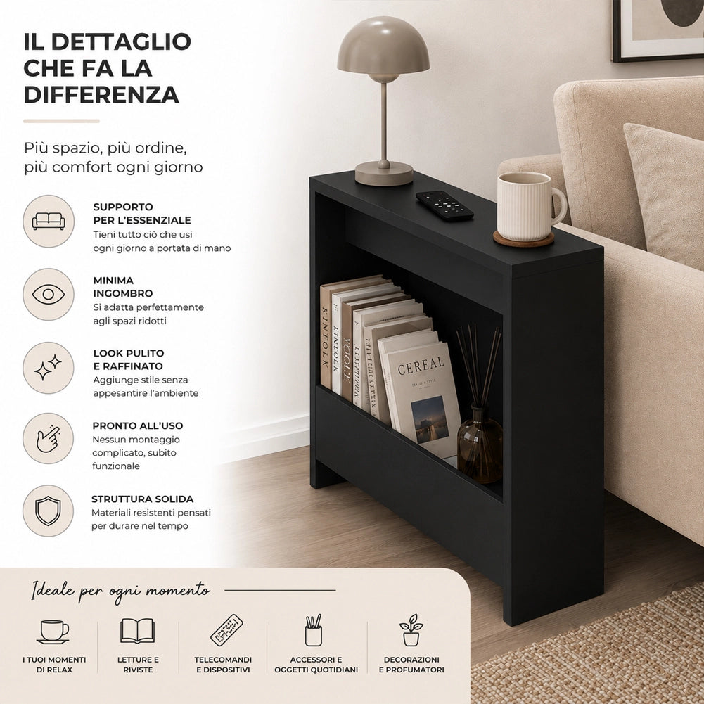Tavolino Laterale Divano Nero Tavolo Salvaspazio Multifunzione 55x20x60 cm