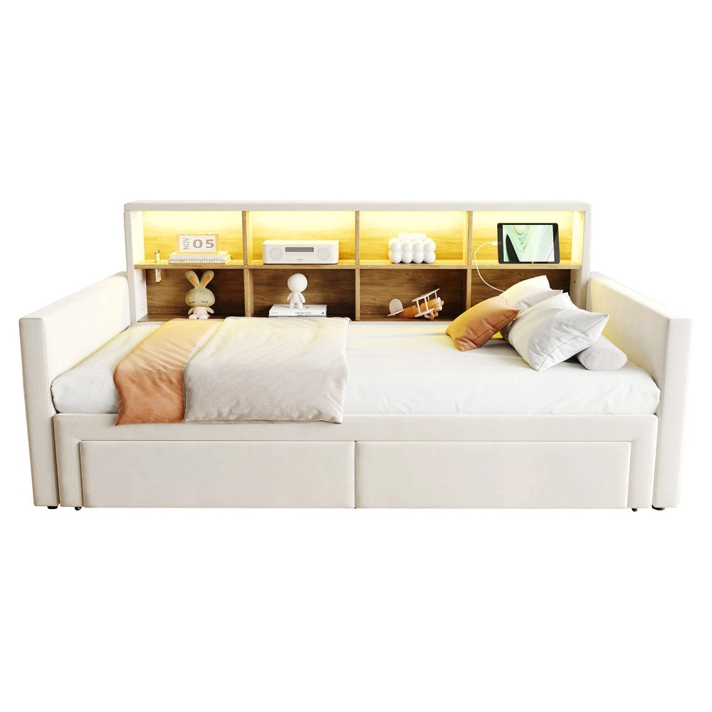 Letto Imbottito Estraibile con LED, Cassetti e Testiera Contenitore ¨C Xylo ¨C Velluto Beige 90x190/180x190