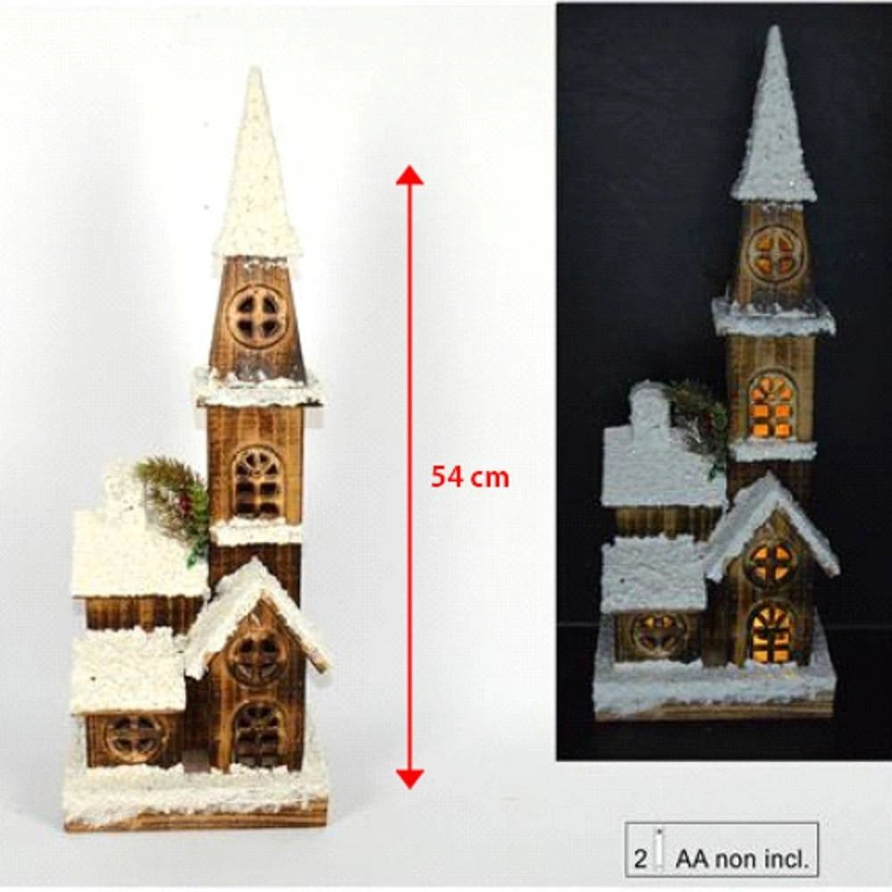 Trade Shop - Campanile Legno Innevato Con Luci Gialle Altezza 54 Cm Decorazioni Natalizie -