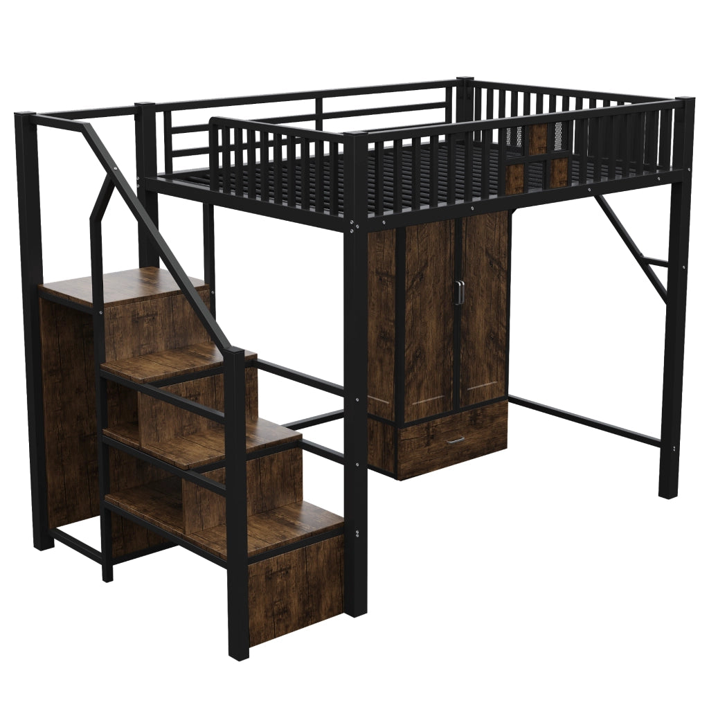 LETTO a soppalco 140 x 200 cm Nero in metallo e legno con armadio e scala