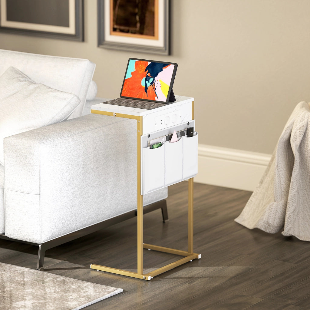 Tavolino da Caff¨¨ con USB e Cassetto ¨C Zephmum ¨C Bianco e Dorato 40x25.5x71 cm